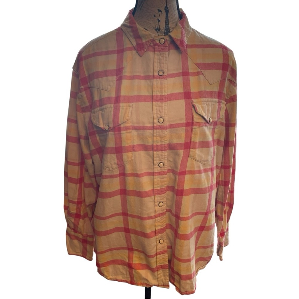 THE GREAT. Pink and Yellow Plaid Button Up